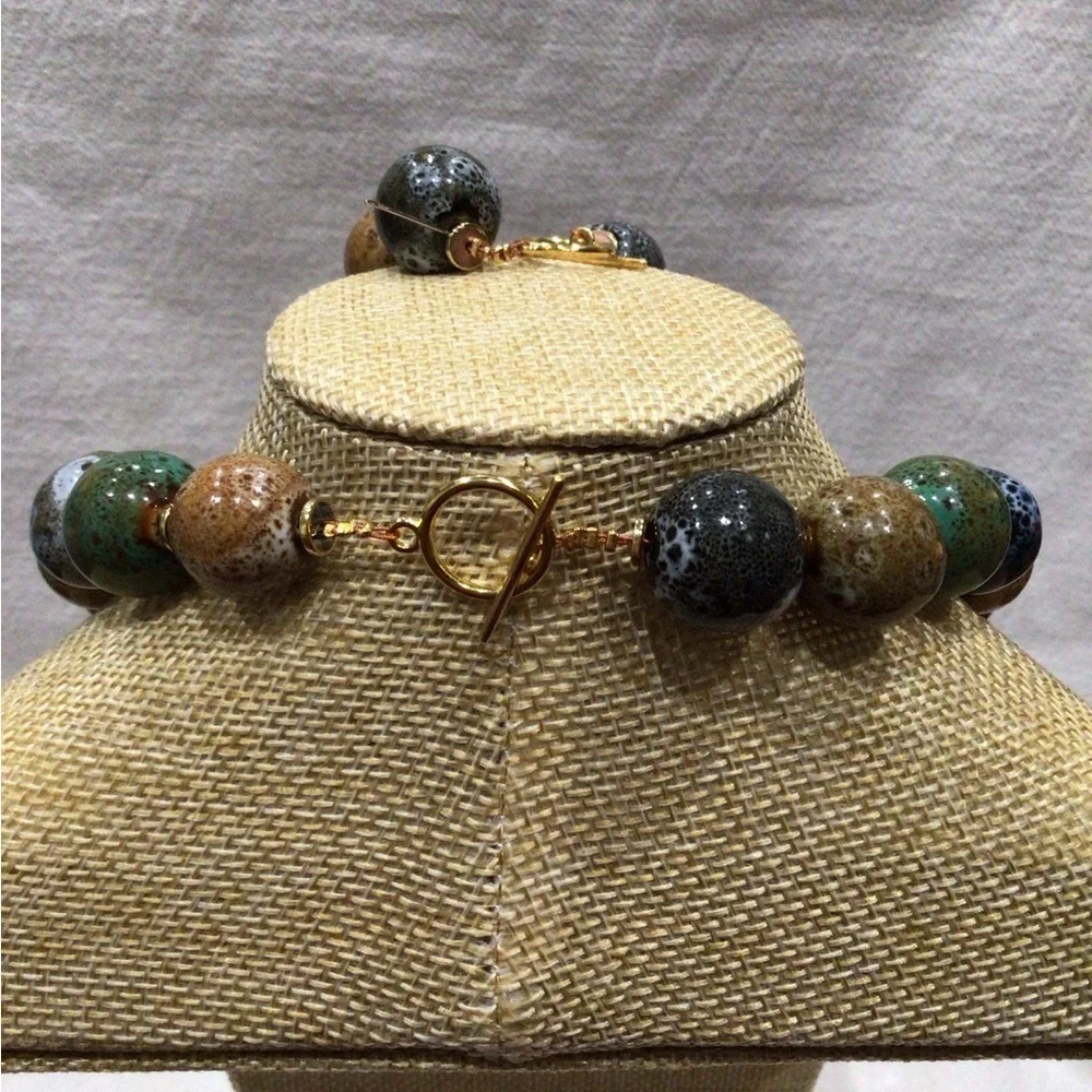 Tribal Earth Toned Colorful Beaded Necklace, Bracelet, and Earring Set